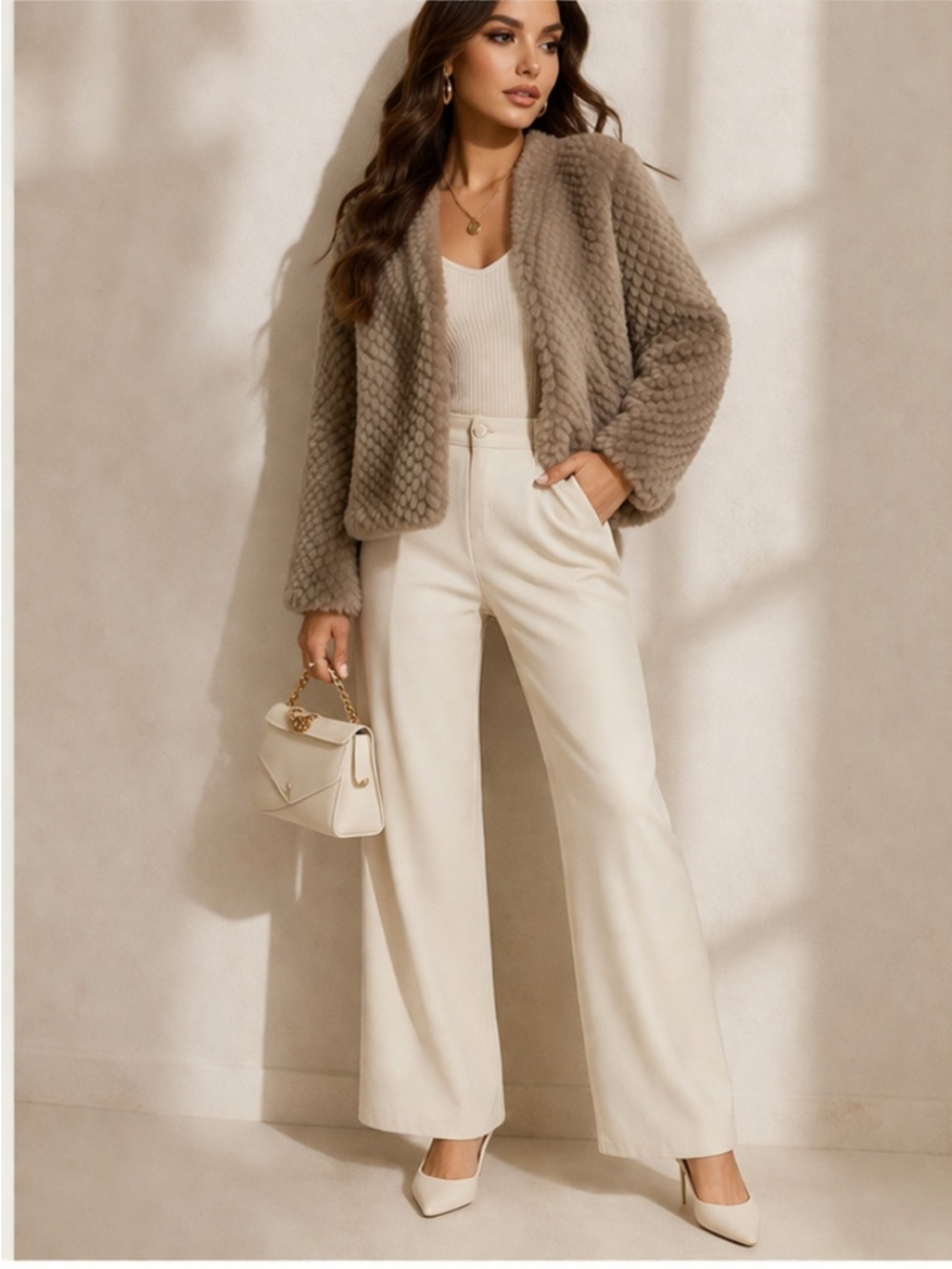 Taupe Faux Fur Open Front Jacket Soft Plush Luxe Neutral Layer
